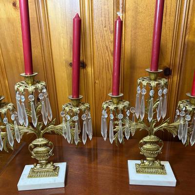 Pair Of 3 Arm Gilt / Ormolu Girandoles On Marble Bases