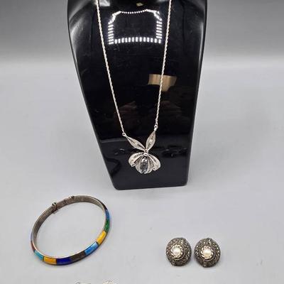 925 Sterling Silver Necklace, Marcasite Earrings, Thai Bracelet