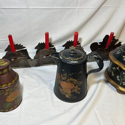Assortment Of Hand Painted Tole Decor And Tin Christmas Candle Decoration 
