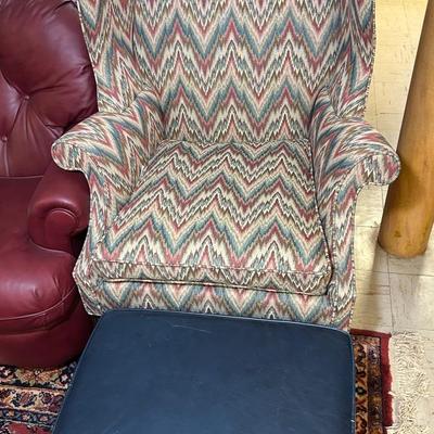 Flame Pattern Wing Chair With Blue Leather Ottoman 