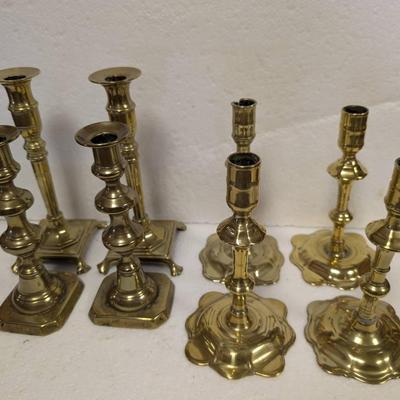 4 Pairs Of Antique Brass Candlesticks 