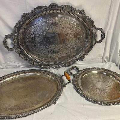 3 Ornate Heavy Silver Plated Trays 