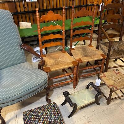 Group Of Vintage And Antique Chairs And Ottomans 