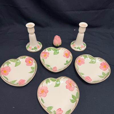Lot 254: Franciscan Desert Rose Heart Plates And Candlesticks. Made In England