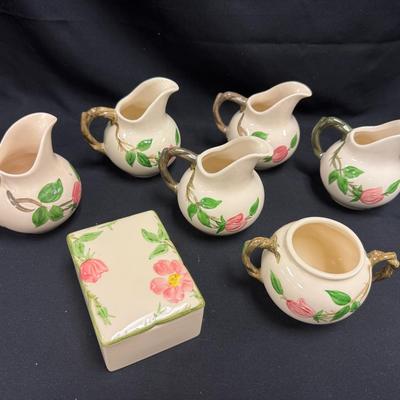 Lot 253: Franciscan Desert Rose Cream Pitchers, Sugar Bowl W/o Lid, Sugar Packet Holder