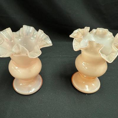 Lot 290: Pair Of Vintage Pink Opalescent Vases