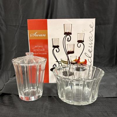 Lot 626: Home Décor Bundle – Pressed Glass Jar, Scalloped Bowl & Swan Metal Candle Holder Set