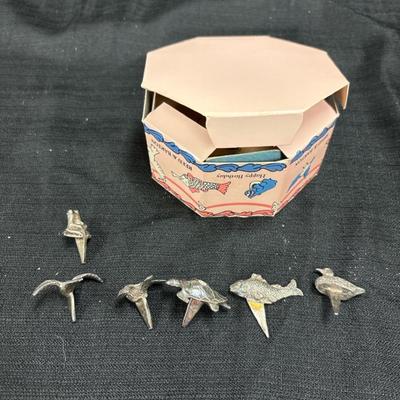 Lot 631: Vintage Miniature Pewter Animal Cocktail Picks with Original Box – Set of 6