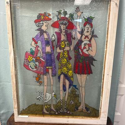 Lot 502: Whimsical Reverse Glass Beach Scene Art – 3 Ladies