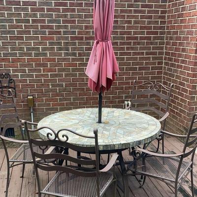 Tile-Top Patio Table with Metal Chairs & Umbrella