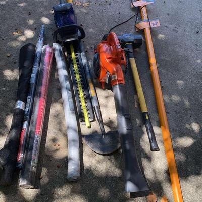 Yard Tools Collection Featuring Husqvarna 125B Blower, Kobalt Hedge Trimmer & Fiskars 14' Pole Saw