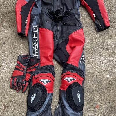 Teknic Red & Black Leather Racing Suit with Olympia Kevlar Gloves