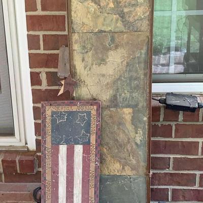 Metal Waterfall Frame, Patriotic Décor & Vintage Bottles – 4'3"H x 22"W x 15"D