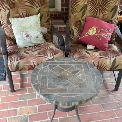 Two Patio Chairs & Stone-Top Side Table with Cushions