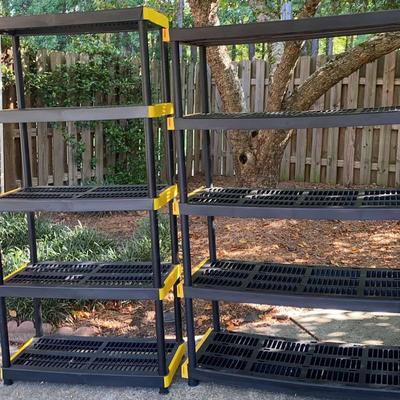 Two Heavy-Duty Plastic Shelving Units with Yellow Trim