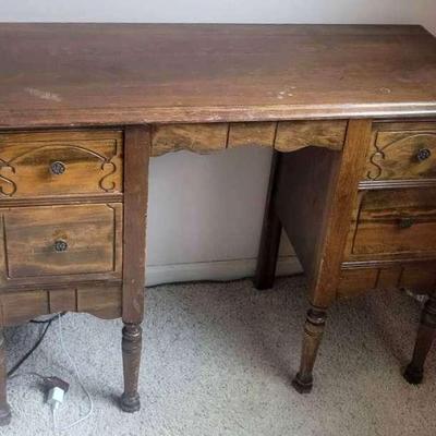Vintage Wooden Writing Desk with Carved Drawer Fronts