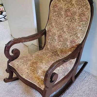 Antique Walnut Parlor Rocker With Original Fabric
