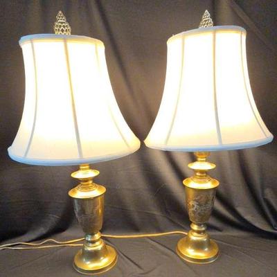 Pair Of Asian Engraved Brass Table Lamps With Shades

