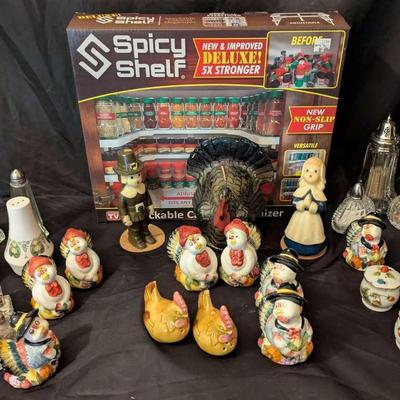 Salt & Pepper Shakers w/ Thanksgiving Candles & Cabinet Organizer 