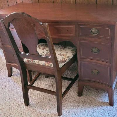 Antique Walnut Vanity Desk With Upholstered Chair