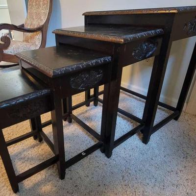 Set of Four Antique Carved Oriental Nesting Tables