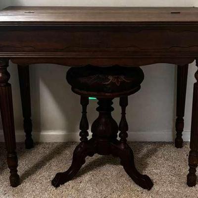 Antique Solid Wood Writing Desk With Folding Top & Matching Stool