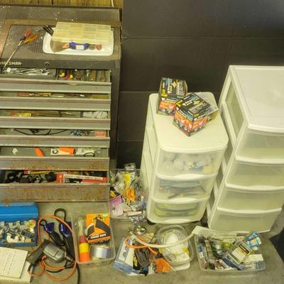 Assorted Hand Tools, Bits, Electrical, and Hardware Storage