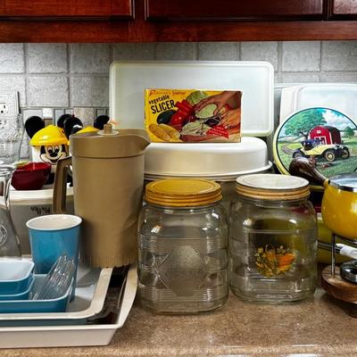 Vintage Kitchenware Collection Featuring Glass Carafes, Fondue Set & Retro Slicer