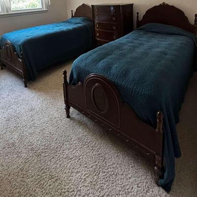Pair Of Matching Antique Twin Beds With Carved Frames