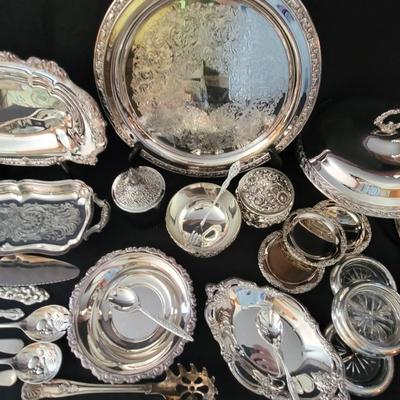 Elegant Ornate Silver Plated Platters Bowls and Serving FlatWare.