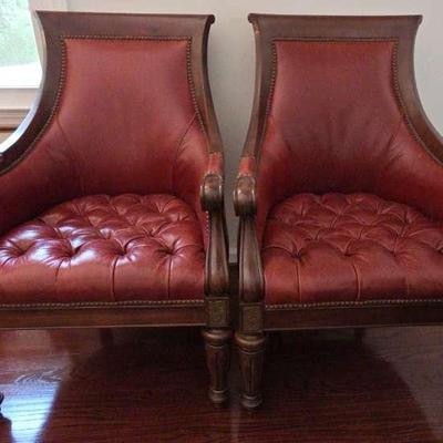 Thomasville Set of Leather Tufted Barrel High Back Chairs