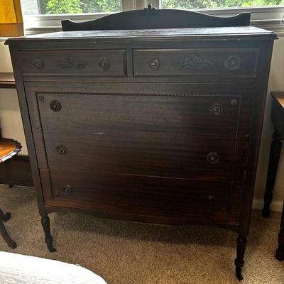 Antique Solid Wood Dresser With Carved Details And Brass Hardware