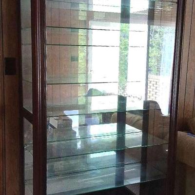 Illuminated Wood & Glass Curio Cabinet With Sliding Front