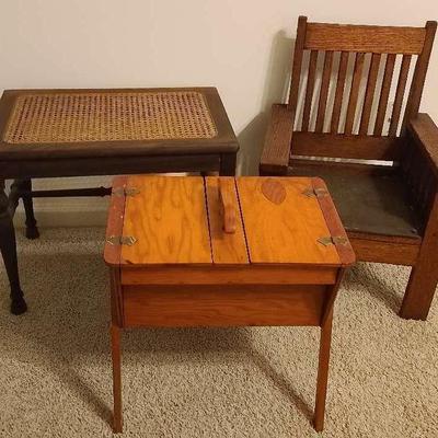 Wooden Bench, Sewing Stand And Child's Mission Style Chair