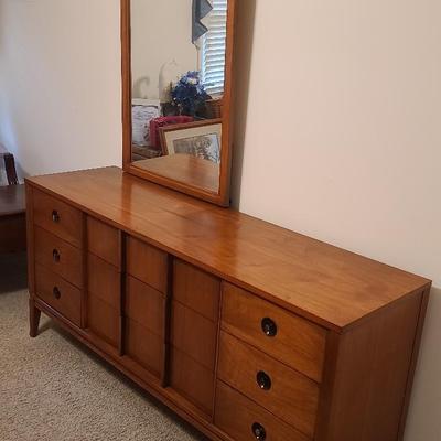 Mid-Century Dresser with Mirror and Sliding Door Center