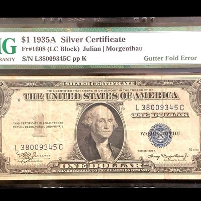 TN227 PMG $1 1935A Silver Certificate, Gutter Fold Error-Rare Error Note