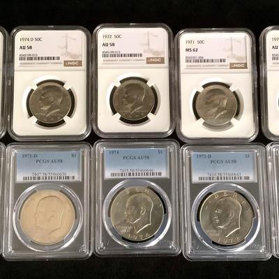 TN75 5 PCGS Graded Ike Dollars, 5 NGC Graded Kennedy Halves 