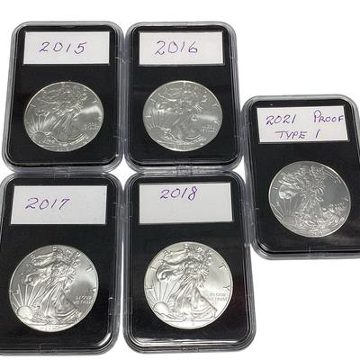 TN6 Five Silver Eagles 2015, 2016, 2017, 2018, 2012, 1oz Silver Proof