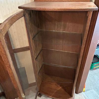 Pair of Antique MCM Curio Cabinets w/ Curvd Glass Door and Glass Shelves 