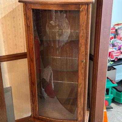 Pair of Antique MCM Curio Cabinets w/ Curvd Glass Door and Glass Shelves 