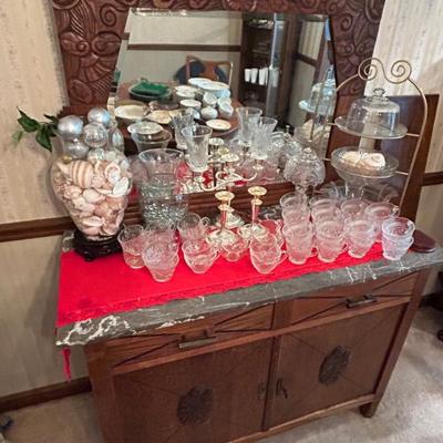 Antique MCM Wood Buffet / Sideboard Cabinet w/ Marble Top and Mirror 