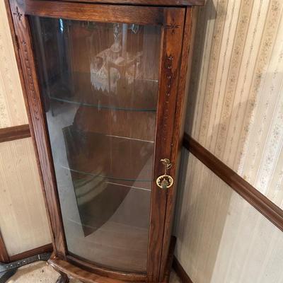 Pair of Antique MCM Curio Cabinets w/ Curvd Glass Door and Glass Shelves 