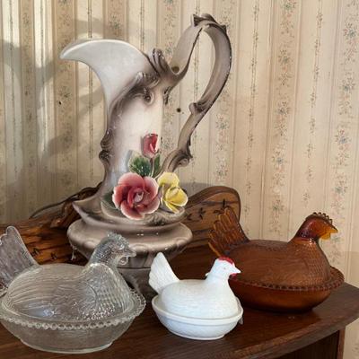Hen on a Nest Covered Dishes and Vintage Porcelain Pitcher/Vase 