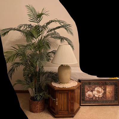 Hexagonal End Table, Large Faux Plant, Table Lamp, & Wall Art