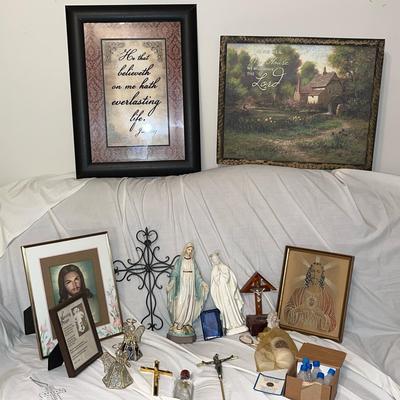 Assortment Of Catholic Decor, Holy Water, Framed Art And More