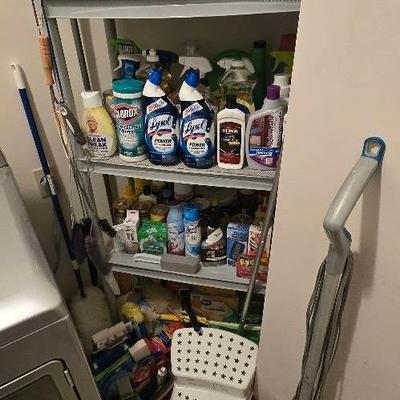 Assortment Of Cleaning Supplies, SWIFTER BISSELL, BLACK + DECKER DUSTBUSTER, 4-Tier Plastic Shelving