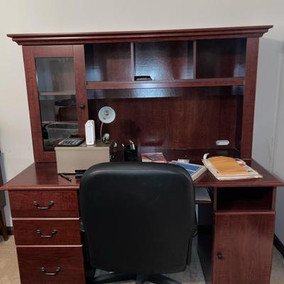 Dark Cherry Wood Computer Desk And Some Office Supplies 