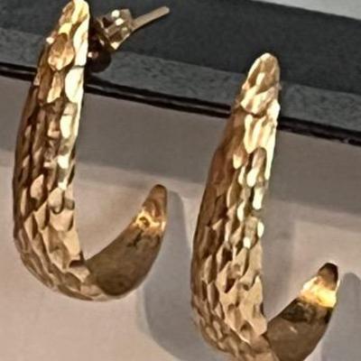 14k Yellow Gold Textured Half Hoop Earrings – Modern Shape, One Back, One Tear