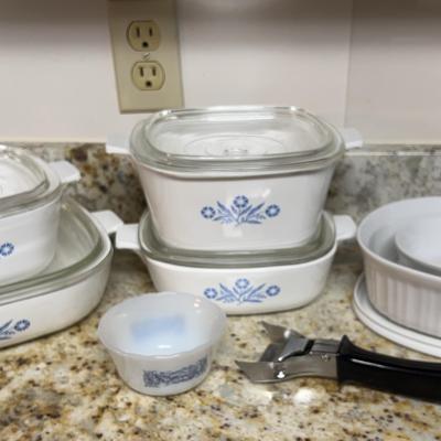 Fire King Currier & Ives White Milk Glass Custard Cup And Corning Ware Blue Cornflower
