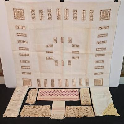 Vintage Embroided Linen Tablecloth & Towels, Crocheted Table Runners & Doilies                     